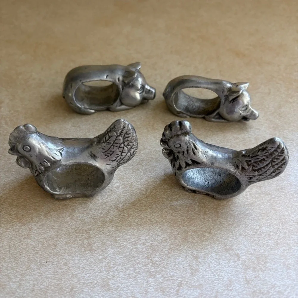 Vtg Cottagecore‎ Farm Animal Napkin Ring Set of 4 Cast Metal Pig Rooster